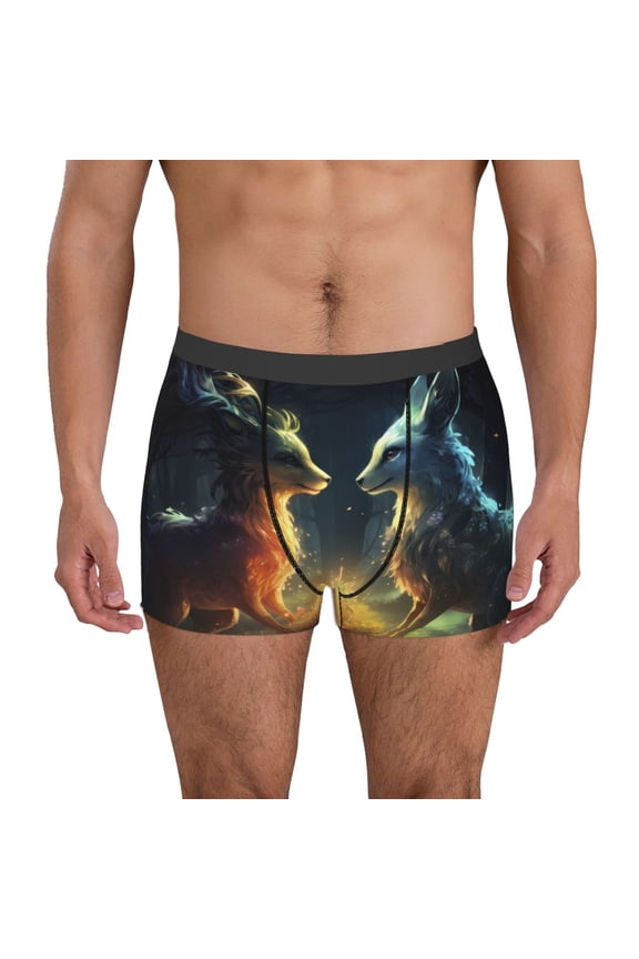 Firefly Forest Fox Print Men's Boxer Briefs, High Elastic Moisture Wicking Boxer Briefs Underwear-Large