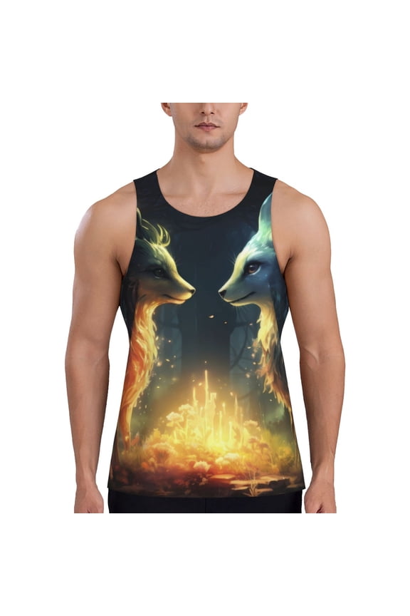 Firefly Forest Fox Print Men's Quick Dry Fitness Vest, Round Neck Sleeveless Fitness Bodybuilding Top-Large