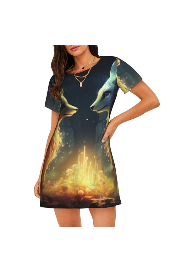 Firefly Forest Fox Print Women's Nightgown, A-line Round Neck Short-sleeved Nightgown Pajamas Home Wear Suitable for Home and Outing