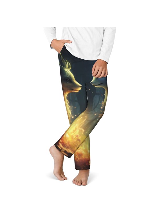 Firefly Forest Fox Print Youth Home Trousers, Elastic Waistband with Pockets for Home and Outing, Suitable for Children Aged 5-16-Large