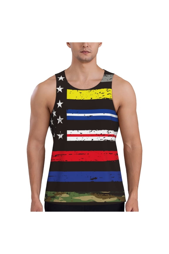 First Responder American Flag Print Men's Quick Dry Fitness Vest, Round Neck Sleeveless Fitness Bodybuilding Top-