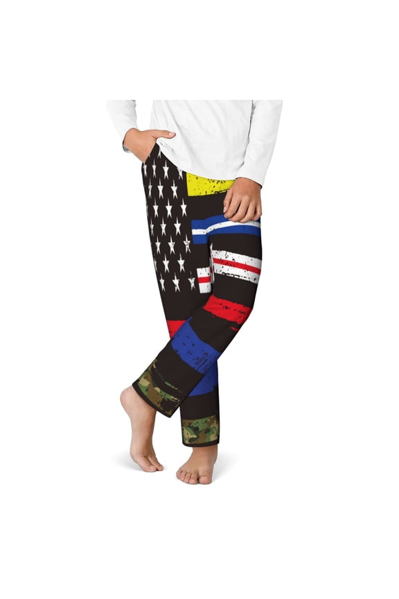 First Responder American Flag Print Youth Home Trousers, Elastic Waistband with Pockets for Home and Outing, Suitable for Children Aged 5-16-Medium