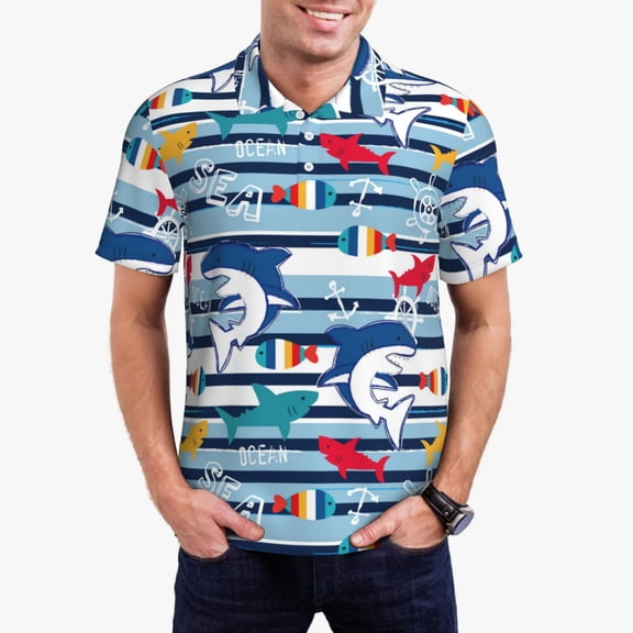 Gukieu Fish And Shark Print Men's Quick-drying POLO Shirt, Button-down Summer T-shirt, Suitable for Work and Outdoor Activities-Small