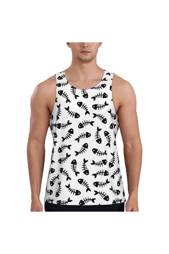 Fish Bone Print Men's Quick Dry Fitness Vest, Round Neck Sleeveless Fitness Bodybuilding Top-XX-Large
