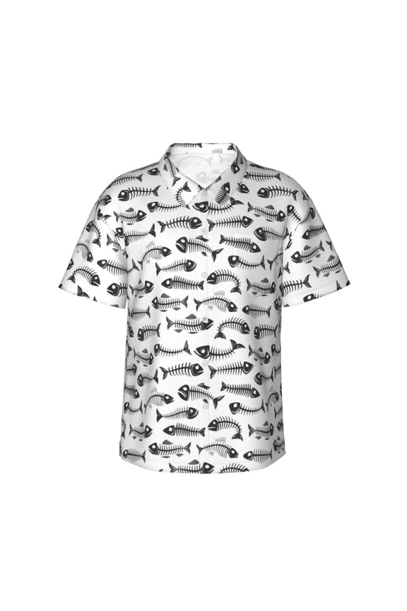 Fish Bones Print Men's Short-sleeved Shirts, Button-down Lapel Hawaiian Shirts, T-shirts, Beach Vacation Summer Casual Wear,Medium