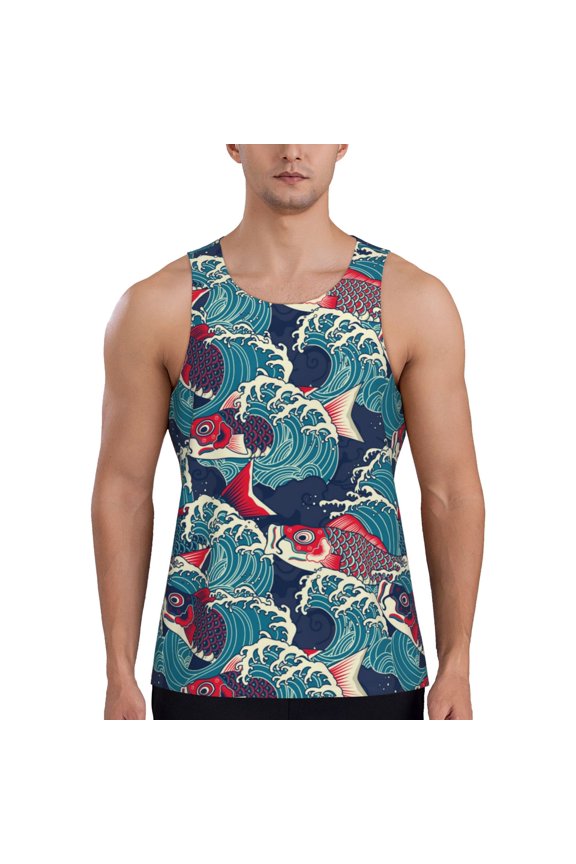 Fish In The Wave Print Men's Quick Dry Fitness Vest, Round Neck Sleeveless Fitness Bodybuilding Top-4X-Large