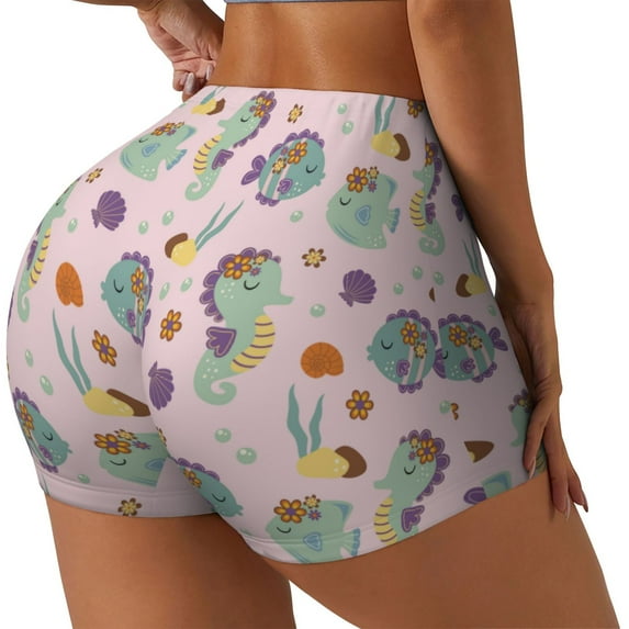 Gukieu Fish Seahorse Print Women's Sports Shorts, Elastic Waist High Stretch Running Yoga Gym Sweatpants-Small
