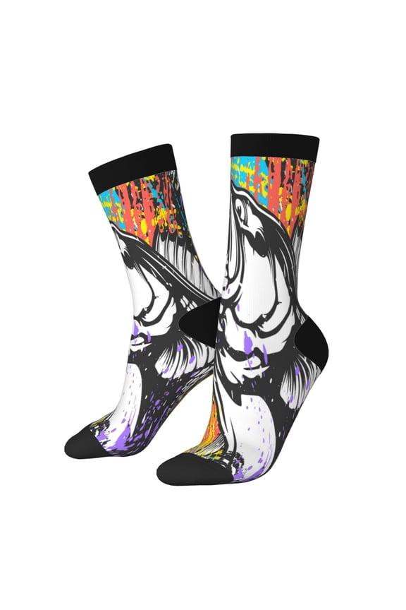 Fishing Bass Print Contrast Color Mid-calf Socks, Sweat-wicking Athletic Socks, Unisex Clothing Accessories