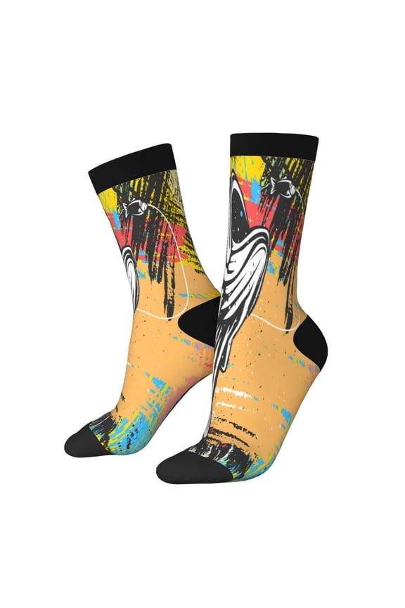 Fishing Bass Print Contrast Color Mid-calf Socks, Sweat-wicking Athletic Socks, Unisex Clothing Accessories