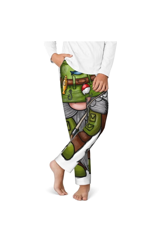 Fishing Gnome Print Youth Home Trousers, Elastic Waistband with Pockets for Home and Outing, Suitable for Children Aged 5-16-Large