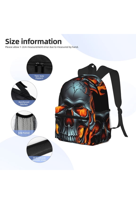 Flame Metal Skull Print Backpack, Waterproof Backpack with Adjustable Shoulder Straps, Suitable for Campus, Business, Travel, Unisex