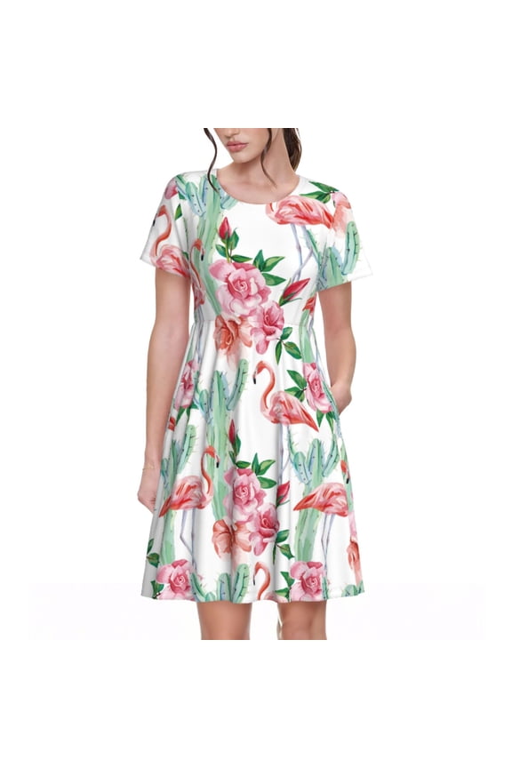 Flamingo Flower Print Women's Short Sleeve Dress, Elastic Waistband A-line with Pockets Summer Dress, Suitable for Daily Leisure, Work, Vacation