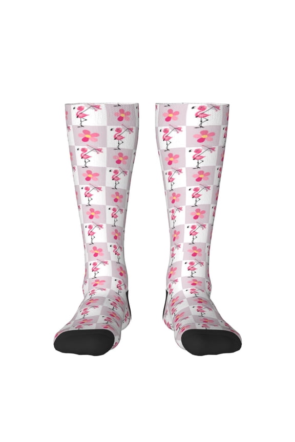 Flamingo On Checkered Print Contrast Color Stockings, Elastic Sports Socks Warm Socks Clothing Accessories, Adult Unisex