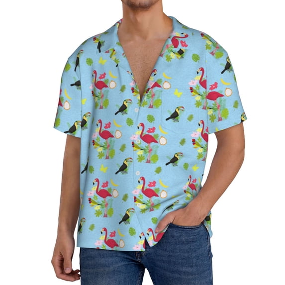 Gukieu Flamingos And Tropical Plants Print Men's Short-sleeved Shirts, Button-down Pocket Shirts, T-shirts, Beach Vacation Travel Summer Clothing-X-Large