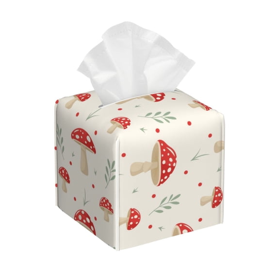 Gukieu Flat Mushrooms Print Leather Tissue Box, PVC Waterproof Velcro Opening and Closing Square Tissue Box Holder, Suitable for Home and Office Decoration