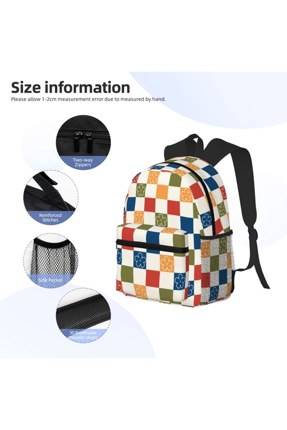 Floral Checkerboard Print Backpack, Waterproof Backpack with Adjustable Shoulder Straps, Suitable for Campus, Business, Travel, Unisex