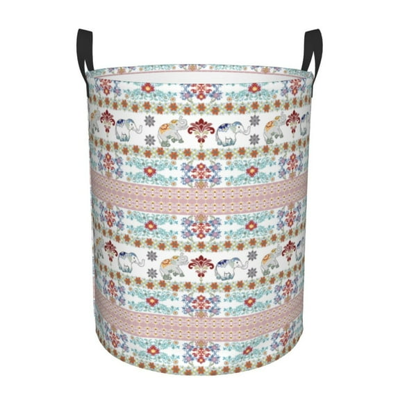 Gukieu Floral Elephant Print Round Dirty Clothes Bag, Waterproof Standing Home Bathroom Storage Basket Car Trunk Storage Bag-Small