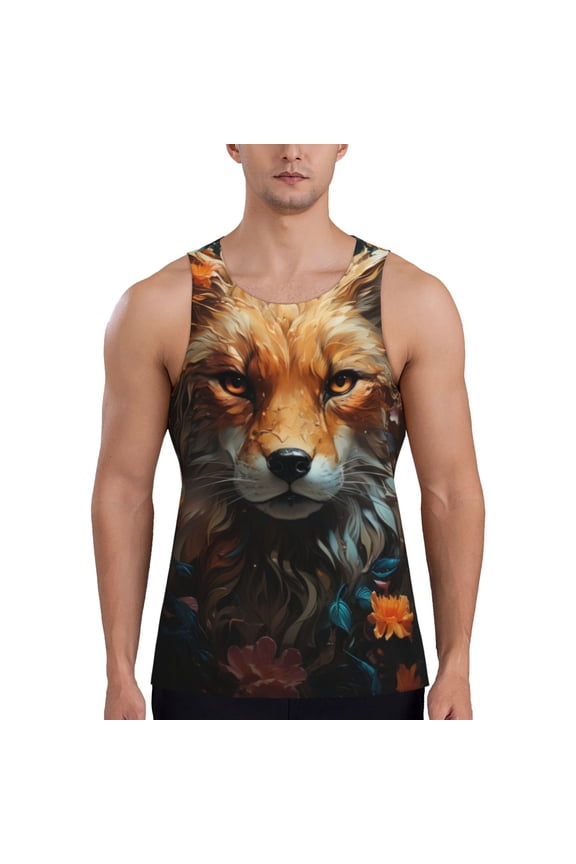Floral Fox Print Men's Quick Dry Fitness Vest, Round Neck Sleeveless Fitness Bodybuilding Top-Medium