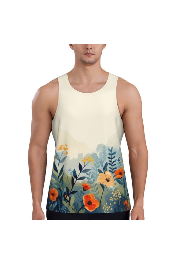 Floral Mountain Landscape Print Men's Quick Dry Fitness Vest, Round Neck Sleeveless Fitness Bodybuilding Top-Large