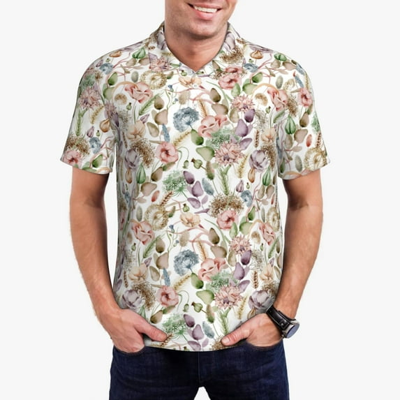 Gukieu Floral Print Men's Quick-drying POLO Shirt, Button-down Summer T-shirt, Suitable for Work and Outdoor Activities-Small
