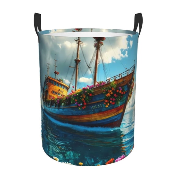 Gukieu Floral Ship On Ocean Print Round Dirty Clothes Bag, Waterproof Standing Home Bathroom Storage Basket Car Trunk Storage Bag-Small