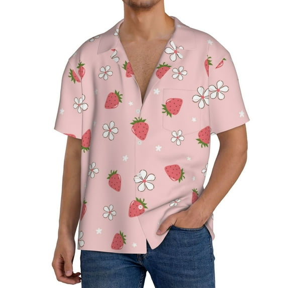 Gukieu Floral Strawberr Print Men's Short-sleeved Shirts, Button-down Pocket Shirts, T-shirts, Beach Vacation Travel Summer Clothing-Small