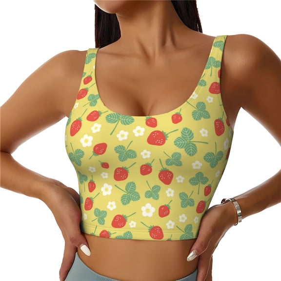 Gukieu Floral Strawberr Print Women's Sports Vest, Low-neck U-shaped Removable Pad Sports Bra for Yoga, Exercise, Dance-Medium