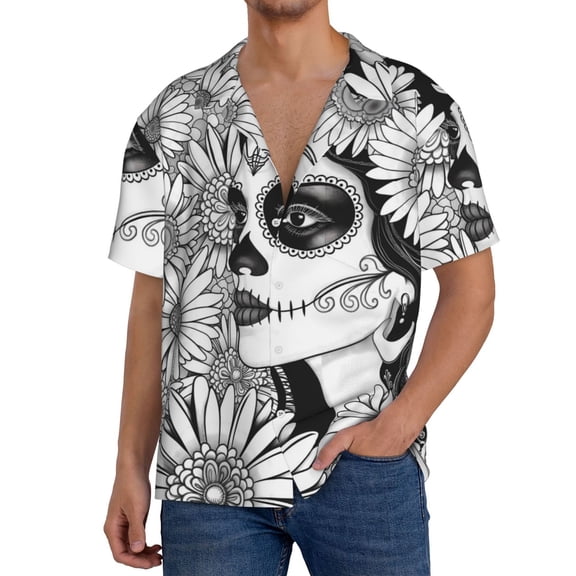 Gukieu Floral Sugar Skull Portrait Print Men's Short-sleeved Shirts, Button-down Pocket Shirts, T-shirts, Beach Vacation Travel Summer Clothing-XX-Large