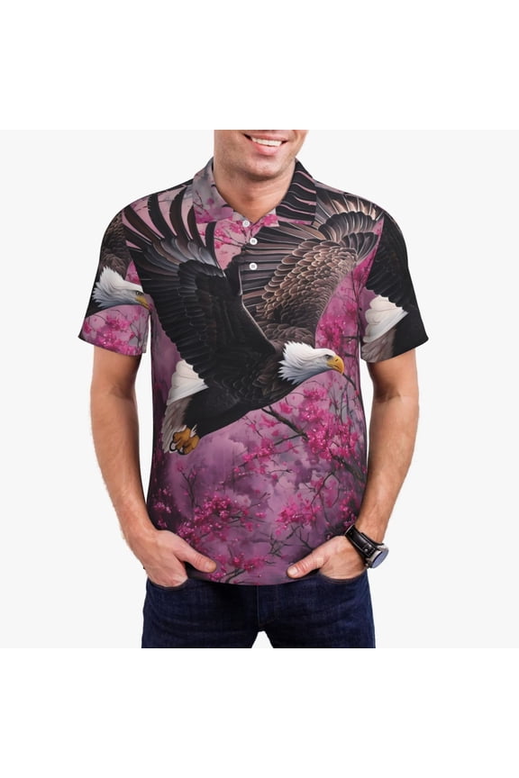 Flower Bald Eagle Print Men's Quick-drying POLO Shirt, Button-down Summer T-shirt, Suitable for Work and Outdoor Activities-Small