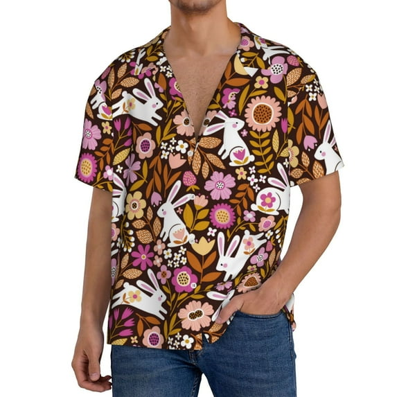 Gukieu Flower Bunny Print Men's Short-sleeved Shirts, Button-down Pocket Shirts, T-shirts, Beach Vacation Travel Summer Clothing-X-Large