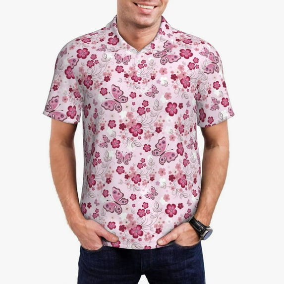 Gukieu Flower Butterfly Print Men's Quick-drying POLO Shirt, Button-down Summer T-shirt, Suitable for Work and Outdoor Activities-4X-Large