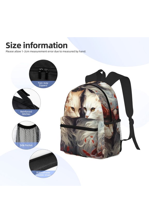 Flower Cat Couple Print Backpack, Waterproof Backpack with Adjustable Shoulder Straps, Suitable for Campus, Business, Travel, Unisex