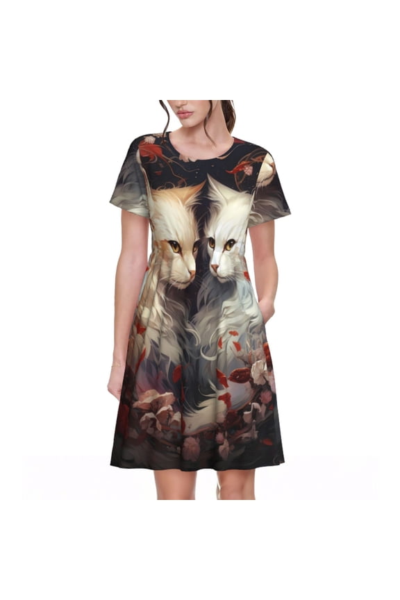 Flower Cat Couple Print Women's Short Sleeve Dress, Elastic Waistband A-line with Pockets Summer Dress, Suitable for Daily Leisure, Work, Vacation