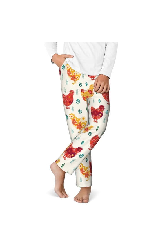 Flower Chicken Print Youth Home Trousers, Elastic Waistband with Pockets for Home and Outing, Suitable for Children Aged 5-16-Small