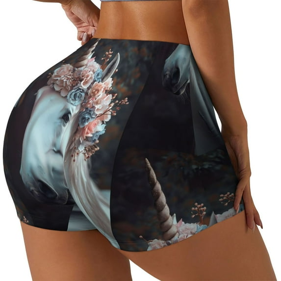 Gukieu Flower Crown White Horse Print Women's Sports Shorts, Elastic Waist High Stretch Running Yoga Gym Sweatpants-Large