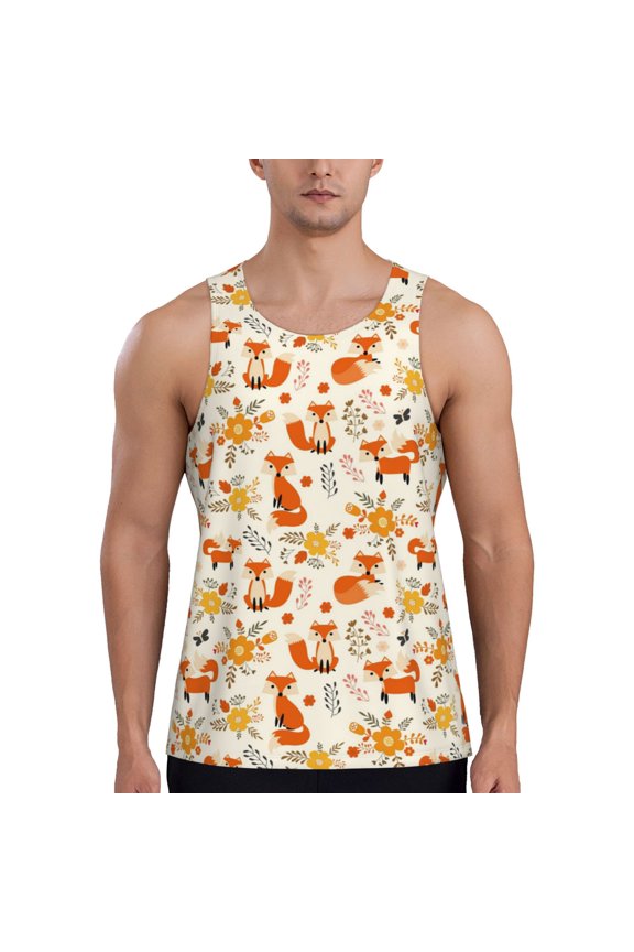 Flower Fox Print Men's Quick Dry Fitness Vest, Round Neck Sleeveless Fitness Bodybuilding Top-4X-Large