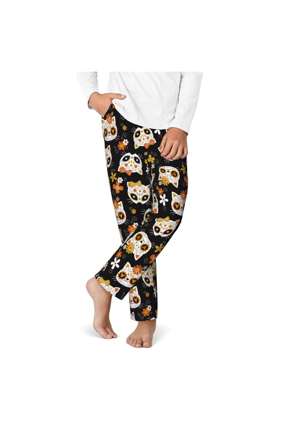 Flower Fox Print Youth Home Trousers, Elastic Waistband with Pockets for Home and Outing, Suitable for Children Aged 5-16-Small