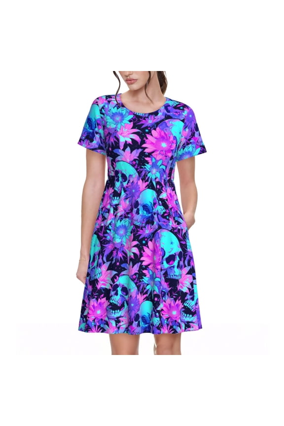 Flower Happy Skull Print Women's Short Sleeve Dress, Elastic Waistband A-line with Pockets Summer Dress, Suitable for Daily Leisure, Work, Vacation