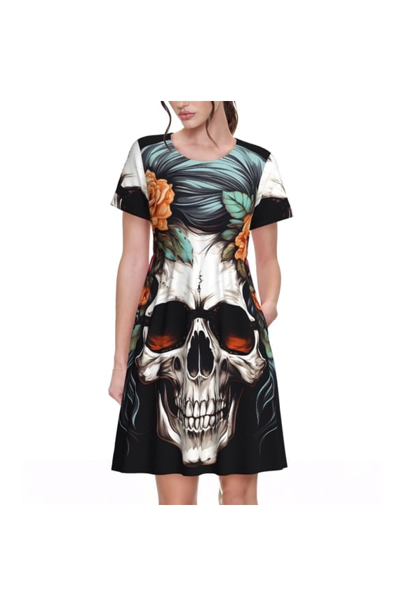 Flower Horn Skull Print Women's Short Sleeve Dress, Elastic Waistband A-line with Pockets Summer Dress, Suitable for Daily Leisure, Work, Vacation
