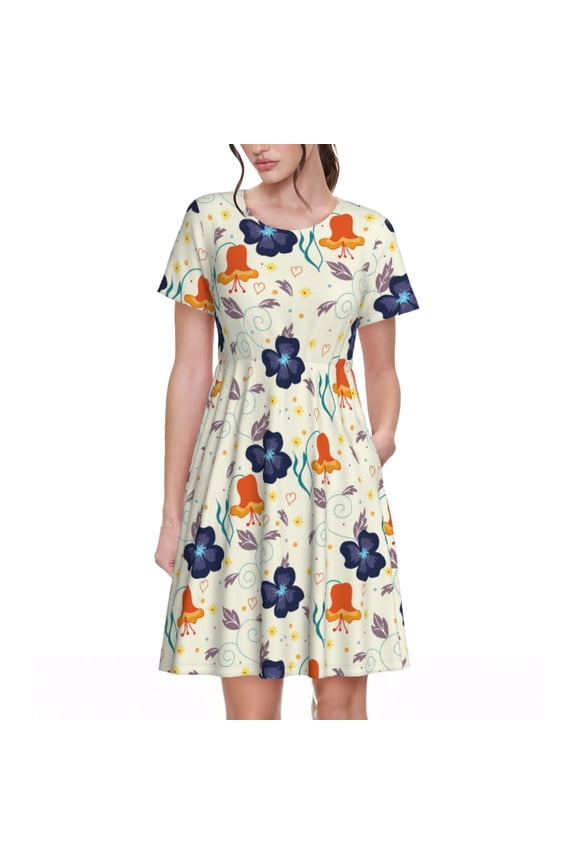 Flower Leaves Print Women's Short Sleeve Dress, Elastic Waistband A-line with Pockets Summer Dress, Suitable for Daily Leisure, Work, Vacation