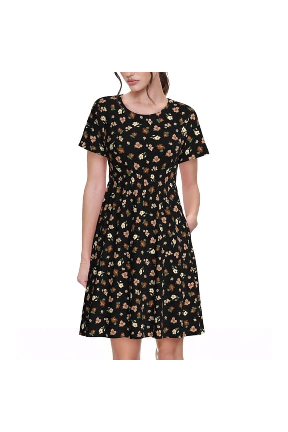 Flower Pattern On Black Print Women's Short Sleeve Dress, Elastic Waistband A-line with Pockets Summer Dress, Suitable for Daily Leisure, Work, Vacation