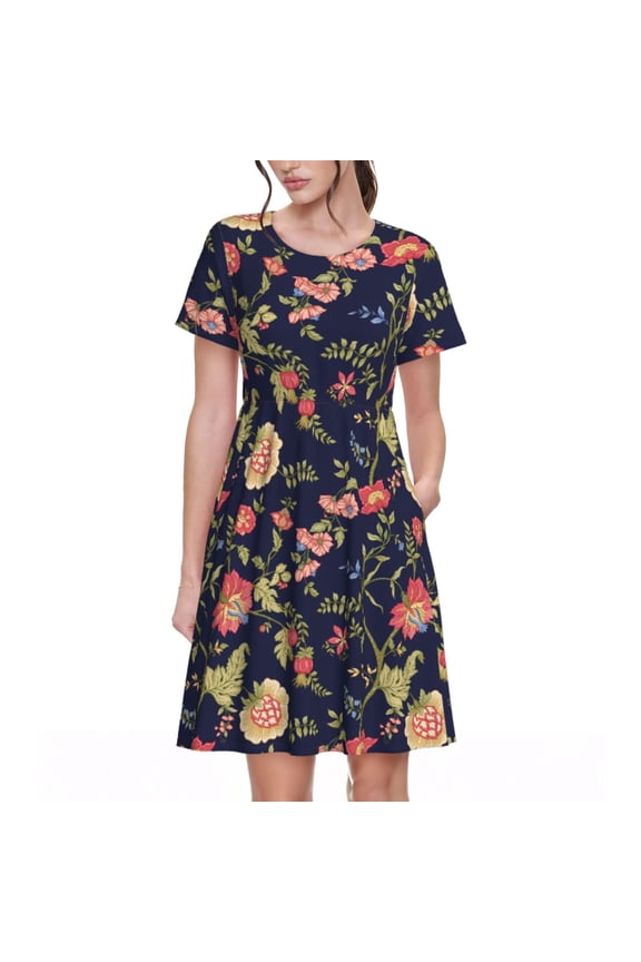 Flower Print Women's Short Sleeve Dress, Elastic Waistband A-line with Pockets Summer Dress, Suitable for Daily Leisure, Work, Vacation