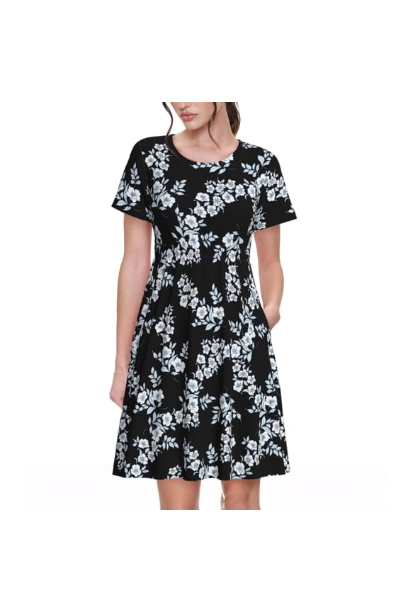 Flower Print Women's Short Sleeve Dress, Elastic Waistband A-line with Pockets Summer Dress, Suitable for Daily Leisure, Work, Vacation
