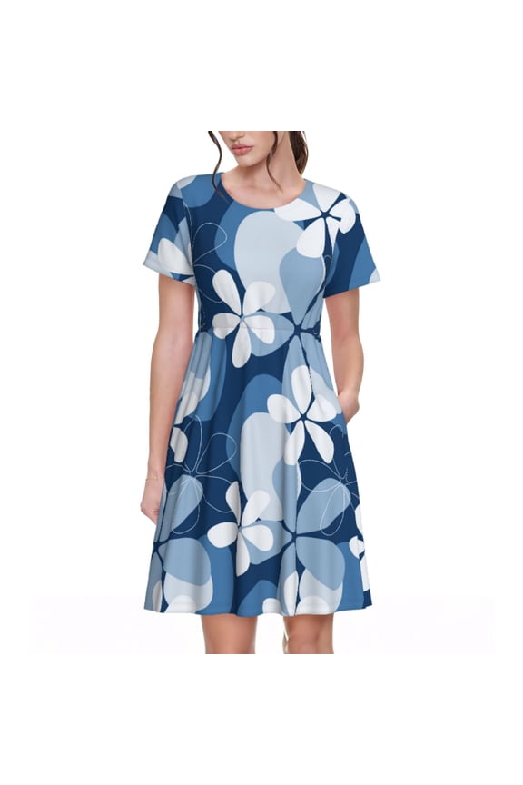 Flower Print Women's Short Sleeve Dress, Elastic Waistband A-line with Pockets Summer Dress, Suitable for Daily Leisure, Work, Vacation
