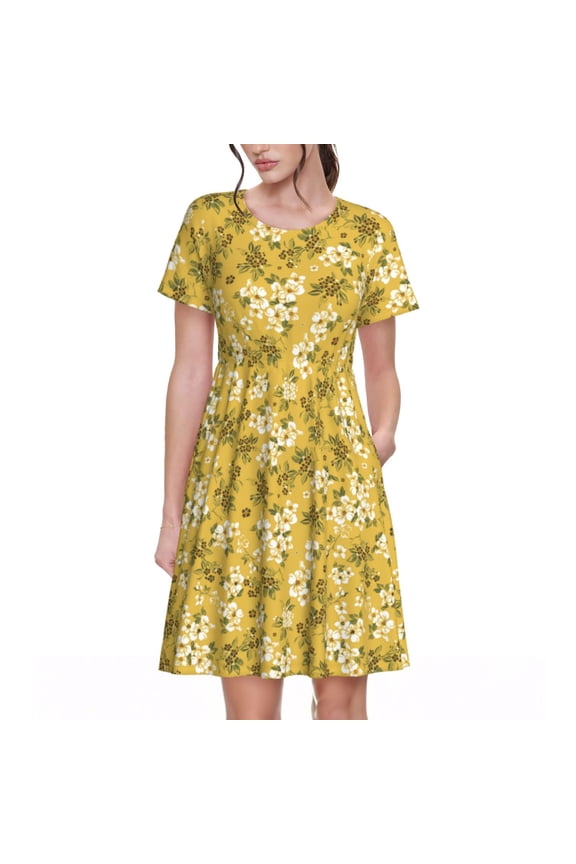 Flower Print Women's Short Sleeve Dress, Elastic Waistband A-line with Pockets Summer Dress, Suitable for Daily Leisure, Work, Vacation