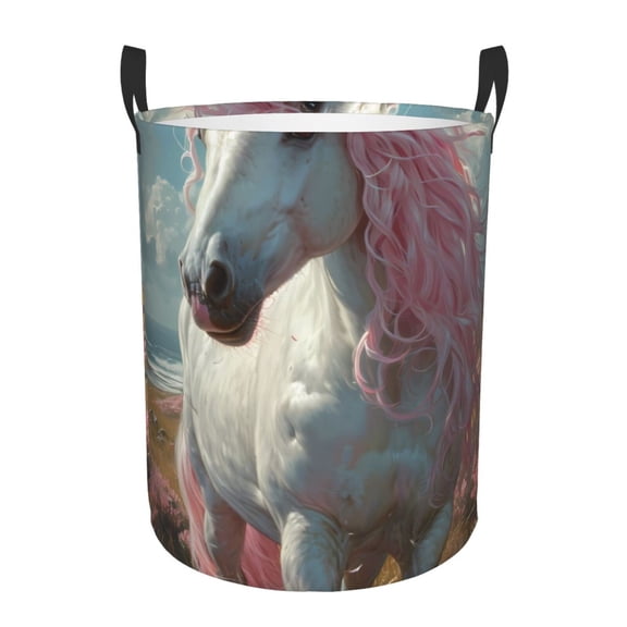 Gukieu Flower White Horse (2) Print Round Dirty Clothes Bag, Waterproof Standing Home Bathroom Storage Basket Car Trunk Storage Bag-Small