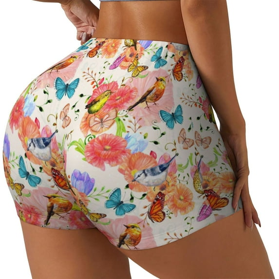 Gukieu Flowers And Birds Watercolor Print Women's Sports Shorts, Elastic Waist High Stretch Running Yoga Gym Sweatpants-Large