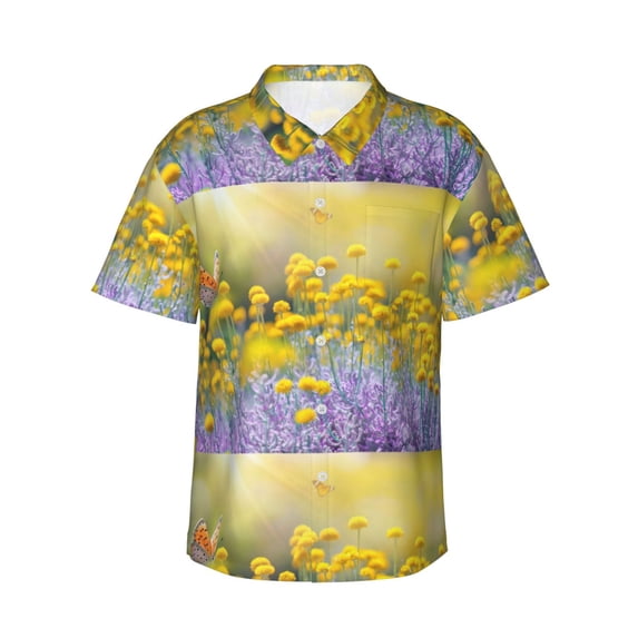 Gukieu Flowers And Butterflies Print Men's Short-sleeved Shirts, Button-down Lapel Hawaiian Shirts, T-shirts, Beach Vacation Summer Casual Wear,XX-Large