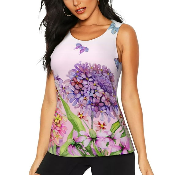 Gukieu Flowers And Colorful Butterflies Print Women's Quick-drying Fitness Vest, Round Neck Sleeveless Fitness T-shirt, Suitable for Yoga, Sports-X-Large
