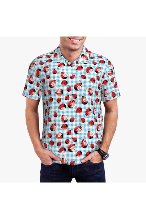 Flowers and Lady Bugs Print Men's Quick-drying POLO Shirt, Button-down Summer T-shirt, Suitable for Work and Outdoor Activities-XX-Large
